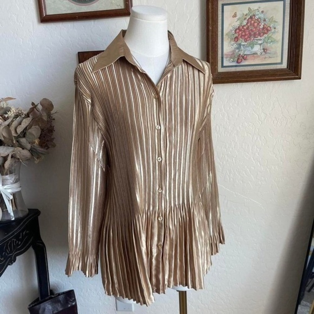 Magic Scarf Pleated Blouse Women OS Gold Excellent Metallic Peplum Button Up
